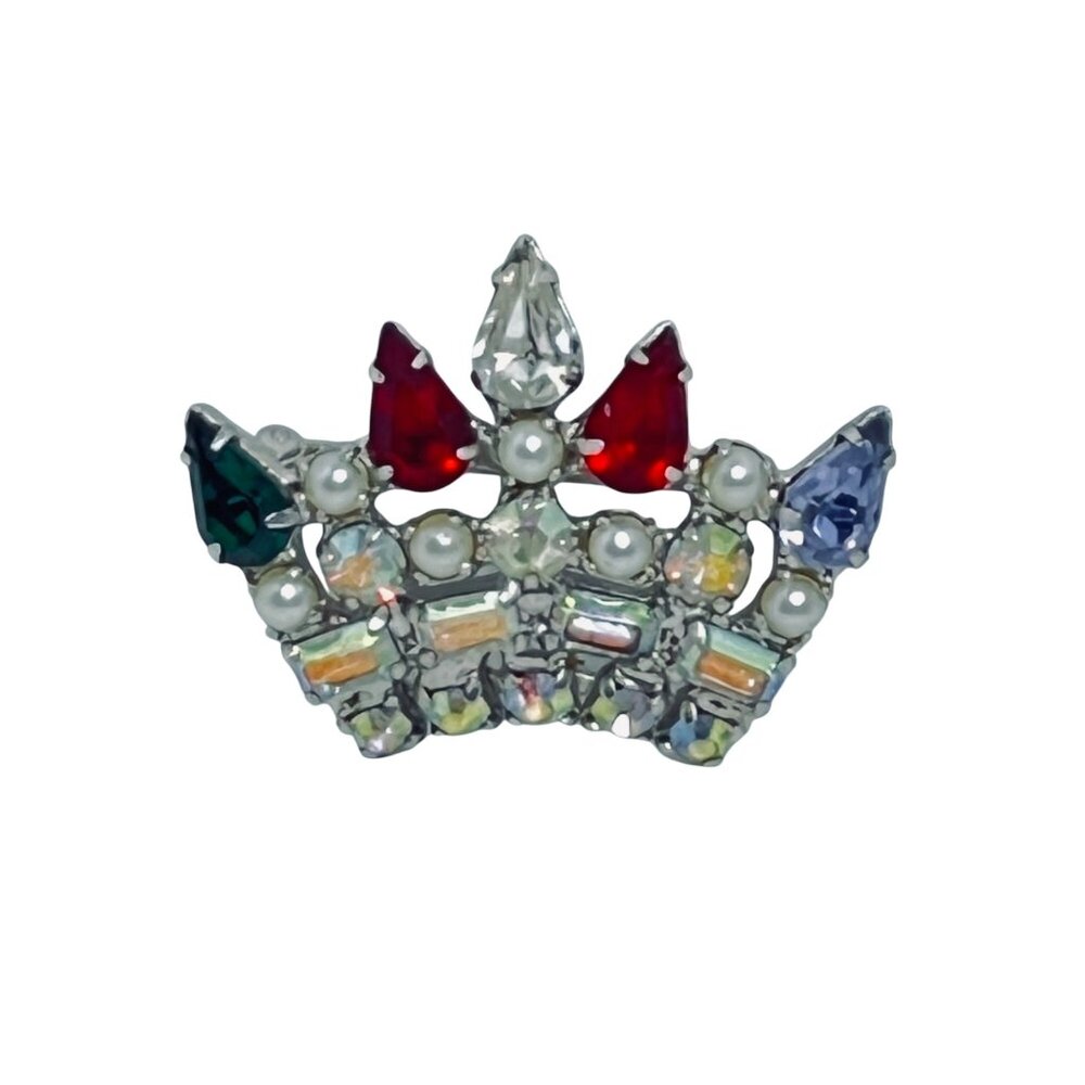 Vintage B David Silver Tone Rhinestone & Faux Pearl Crown Brooch (5915)